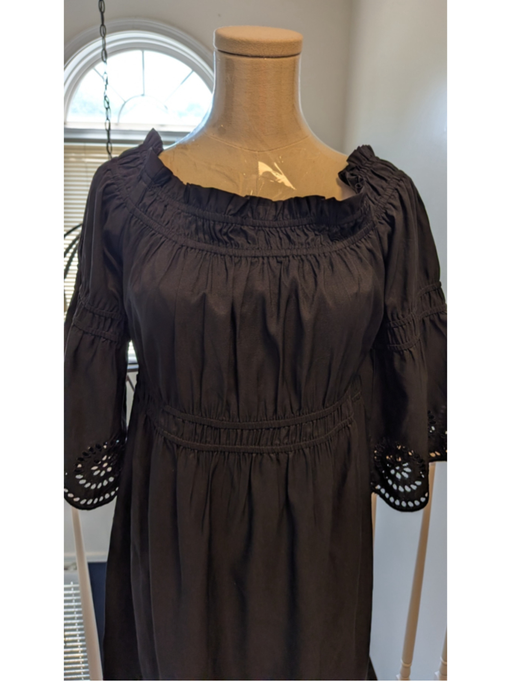 Venus Black Off Shoulder Eyelet Embroidered Midi Dress Boho Peasant US 10 - Picture 4 of 6